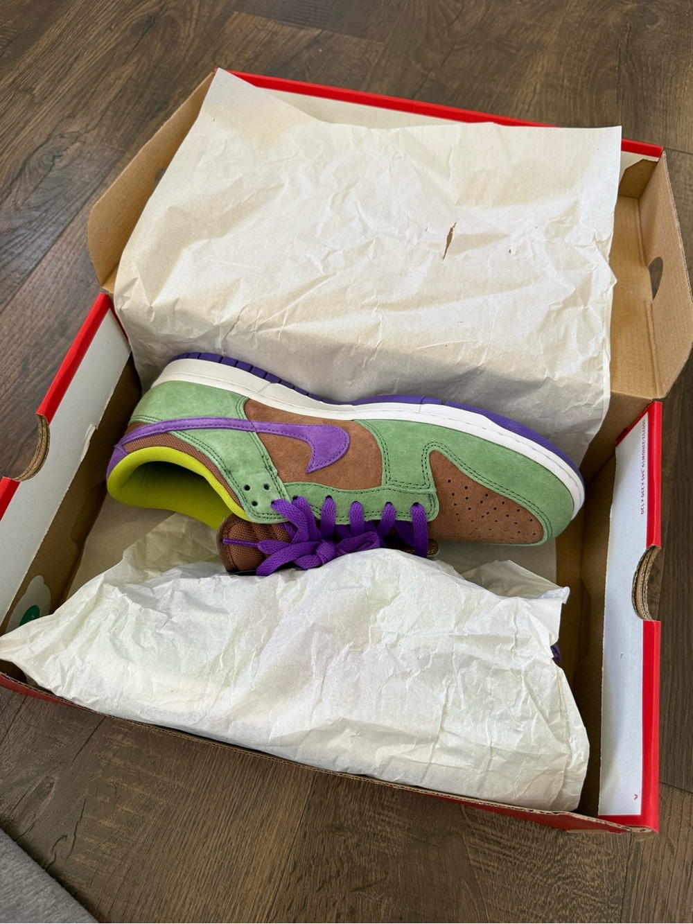 Nike Dunk Low SP Green, Brown & Purple with Neon Yellow Lining - Picture 4 of 6